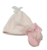 Nové - 2set - Světlerůžová bavlněná čepice + růžové ponožky s tylem a mašlemi