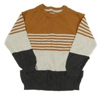 Hnědo-světlešedo-antracitový žebrovaný svetr s pruhy F&F