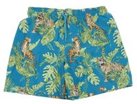 Modrozelené plážové kraťasy s tygry a listy H&M