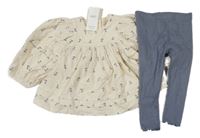 Nové - 2set - Smetanová květovaná manšestrová halenka + modrošedé žebrované legíny M&S