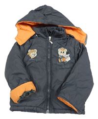 Tmavomošedo-oranžová šusťáková zateplená bunda s medvědy 