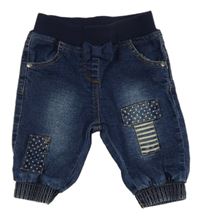 Tmavomodré cuff rifle s nášivkami a úpletovým pasem s mašlí Topomini