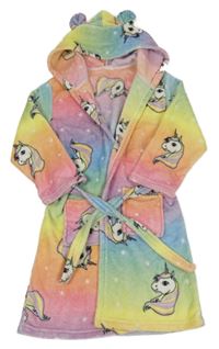 Barevný chlupatý župan s jednorožci a kapucí 