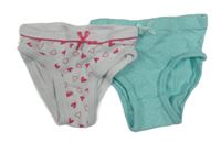 2x kalhotky - modré puntíkaté + bílo-růžové se srdíčky 