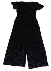 Černý sametový třpytivý kalhotový overal F&F