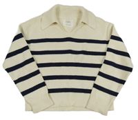 Bílo-tmavomodrý pruhovaný svetr s límečkem Zara