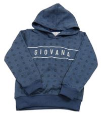 Tmavomodrá vzorovaná zateplená mikina s nápisem a kapucí 