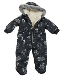 Černá šusťáková zimní kombinéza se zvířátky a kapucí George