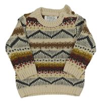 Smetanovo-tmavomodro-béžovo-barevný vzorovaný vlněný svetr F&F