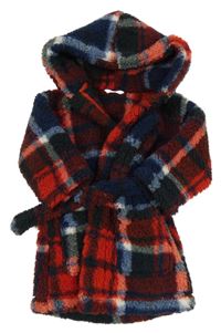 Tmavomodro-červeno-bílý kostkovaný huňatý župan s kapucí M&S