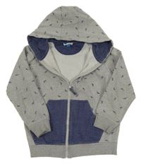 Šedo-modrá propínací mikina se žraloky a kapucí 