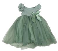 Světlezelené žebrované šaty s tylovou sukní a mašlí 