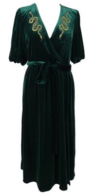 Dámské tmavozelené sametové midi šaty s hady a páskem Disturbia 