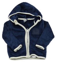 Tmavomodro-bílá chlupatá propínací mikina s nášivkou a kapucí 