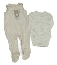 2set - Světlebéžové sametové dupačky s medvídkem + body C&A