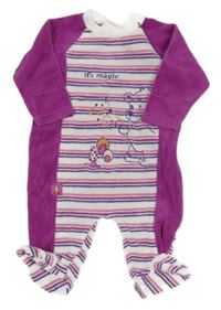 Purpurovo-bílo-pruhovaný sametový overal s nápisem a medvědem