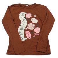 Hnědé triko s květy a nápisem Zeeman