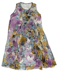 Fialovo-modro-hořčicové květované šifonové šaty s volánky 