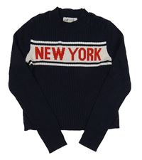 Tmavomodrý žebrovaný crop svetr s nápisem H&M