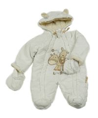 Bílá šusťáková zimní kombinéza se zvířátky a kapucí + rukavice 