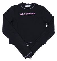 Černé žebrované crop triko s nápisem H&M