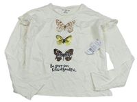 Smetanové melírované triko s motýlky s flitry a volánky F&F