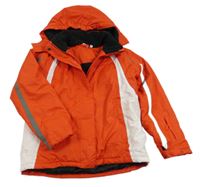 Tmavooranžovo-bílo-šedá šusťáková funkční zimní lyžařská bunda s odepínací kapucí crane