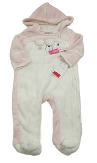 Nové - světlerůžovo-bílá plyšová kombinéza s medvídkem a kapucí s oušky penelope mack