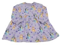 Světlefialové teplákové teplé šaty s pejsky - Bluey a Bingo a srdíčky a motýlky