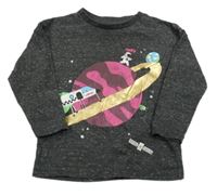 Tmavošedé melírované triko s planetou a raketou Tu