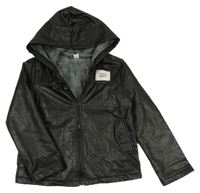 Černá koženková zateplená bunda s nášivkou a kapucí SHEIN