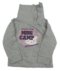 Šedá melírovaná mikina s kočičkou a nápisy a komínovým límcem