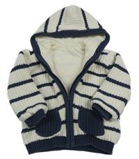Smetanovo-tmavomodrý pruhovaný žebrovaný propínací podšitý svetr s kapucí George