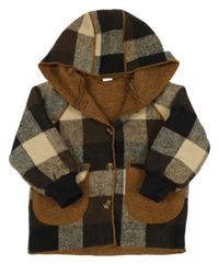 Tmavohnědo-béžovo-černá kostkovaná flaušová bunda s kapucí