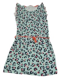 Mátové vzorované šaty s volánky a páskem 