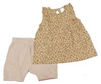 2Set - Béžovo-hnědá vzorovaná šatová tunika s volánky PUSBLU + světlepudrové kraťasy H&M