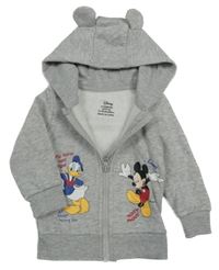 Šedá melírovaná propínací mikina s Mickey a Donaldem a kapucí s oušky PRIMARK