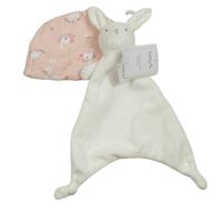 2set - Růžová bavlněná čepice s husami + bílý chlupatý usínáček - králík