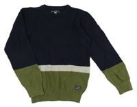 Tmavomodro-khaki-šedý vzorovaný svetr Ben Sherman