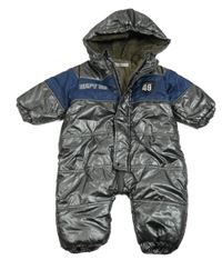 Tmavošedo-tmavomodrá lesklá šusťáková zimní kombinéza s nášivkou a kapucí Absorba