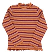 Starorůžovo-vínovo-neonově oranžové pruhované žebrované triko