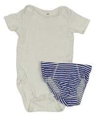 2set - Bílé body + modro-bílé pruhované slipy H&M