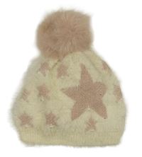 Smetanová chlupatá podšitá čepice s hvězdičkami a bambulí 