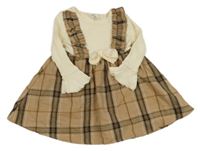 Hnědo-smetanové kostkované šaty s mašlí shein