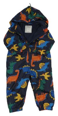 Tmavomodro-barevná šusťáková jarní kombinéza s dinosaury a kapucí 