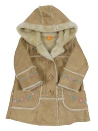 Béžový semišový zateplený kabát s výšivkami a kapucí Mini Mode
