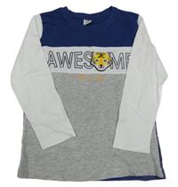 Šedo-modro-bílé triko s nápisem a tygrem Kiki&Koko