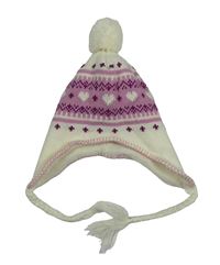 Bílo-lila pletená čepice se vzorem a bambulí Dopodopo