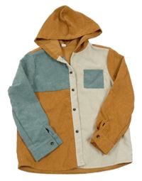 Hnědo-smetanovo-zelená žebrovaná sametová košile s kapucí 