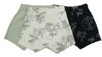 Nové - 3x baggy kraťasy - bílé s dinosaury + khaki + černé s palmami George